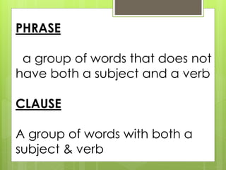 PHRASE 
a group of words that does not 
have both a subject and a verb 
CLAUSE 
A group of words with both a 
subject & verb 
 