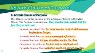 6. Adverb Clause of Purpose
This Clause states the purpose of the action mentioned in the Main
Clause. The Conjunctions us...