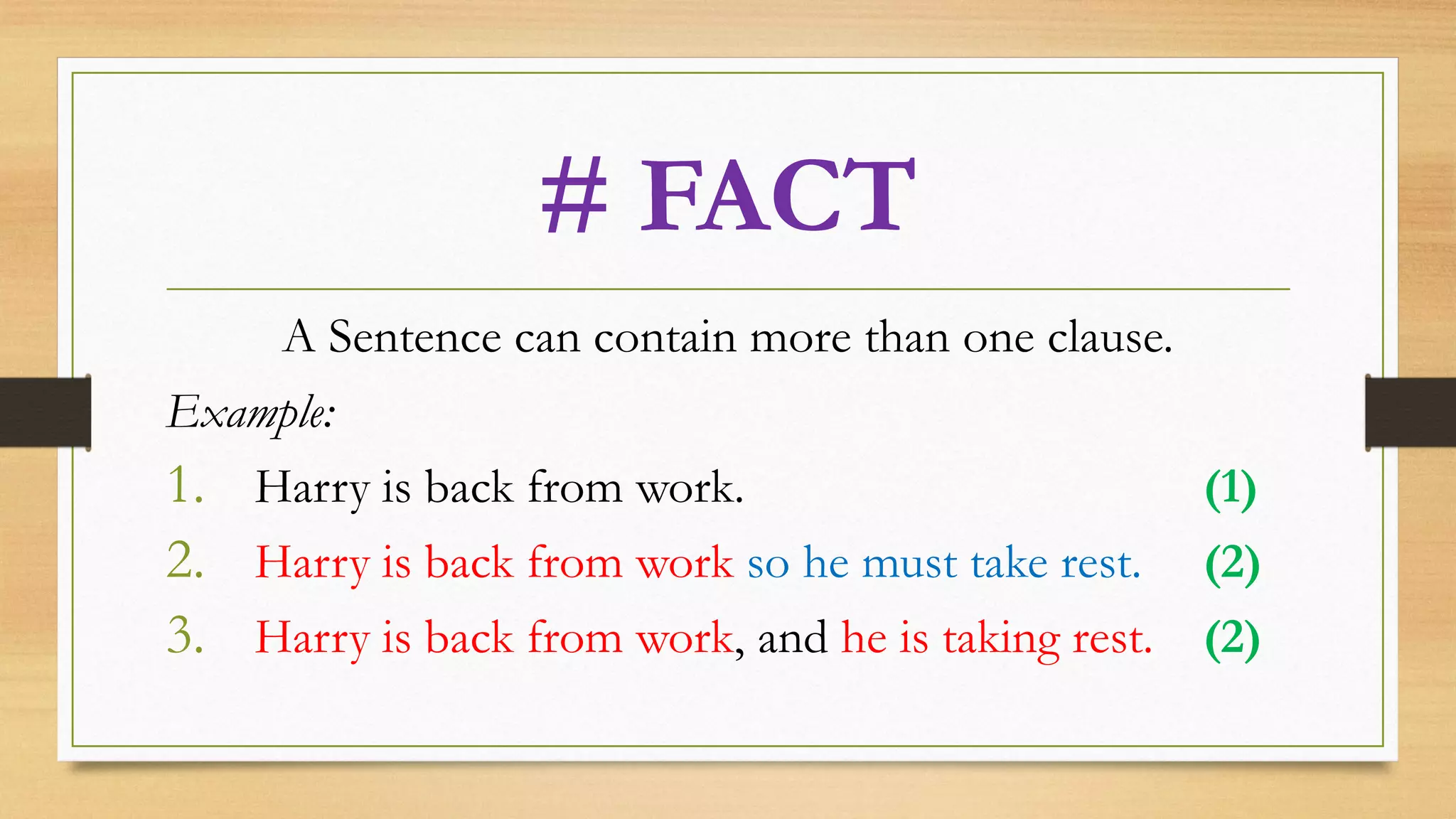 # FACT
A Sentence can contain more than one clause.
Example:
1. Harry is back from work. (1)
2. Harry is back from work so he must take rest. (2)
3. Harry is back from work, and he is taking rest. (2)
 