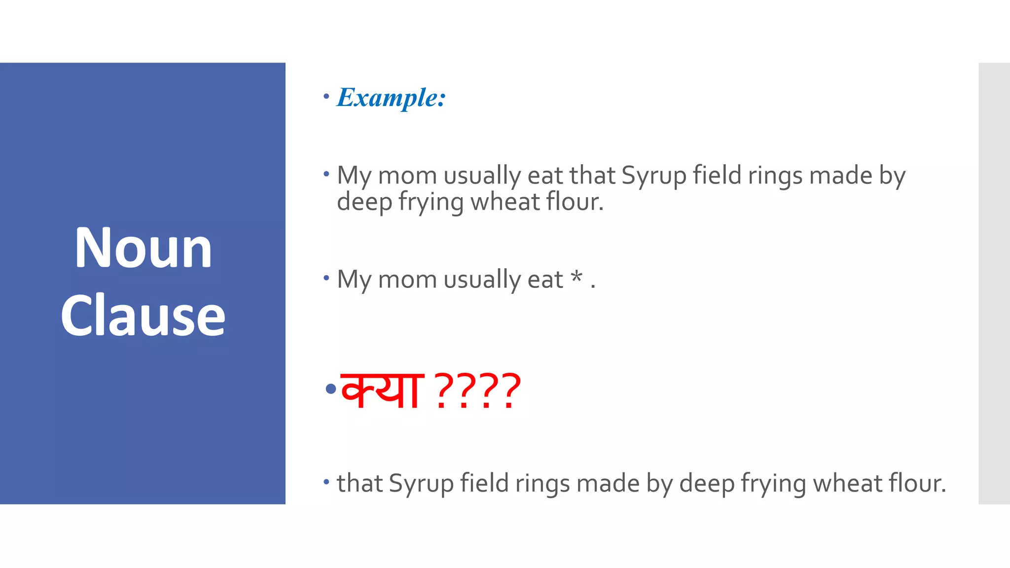 Noun
Clause
 Example:
 My mom usually eat that Syrup field rings made by
deep frying wheat flour.
 My mom usually eat * .
क्या ????
 that Syrup field rings made by deep frying wheat flour.
 