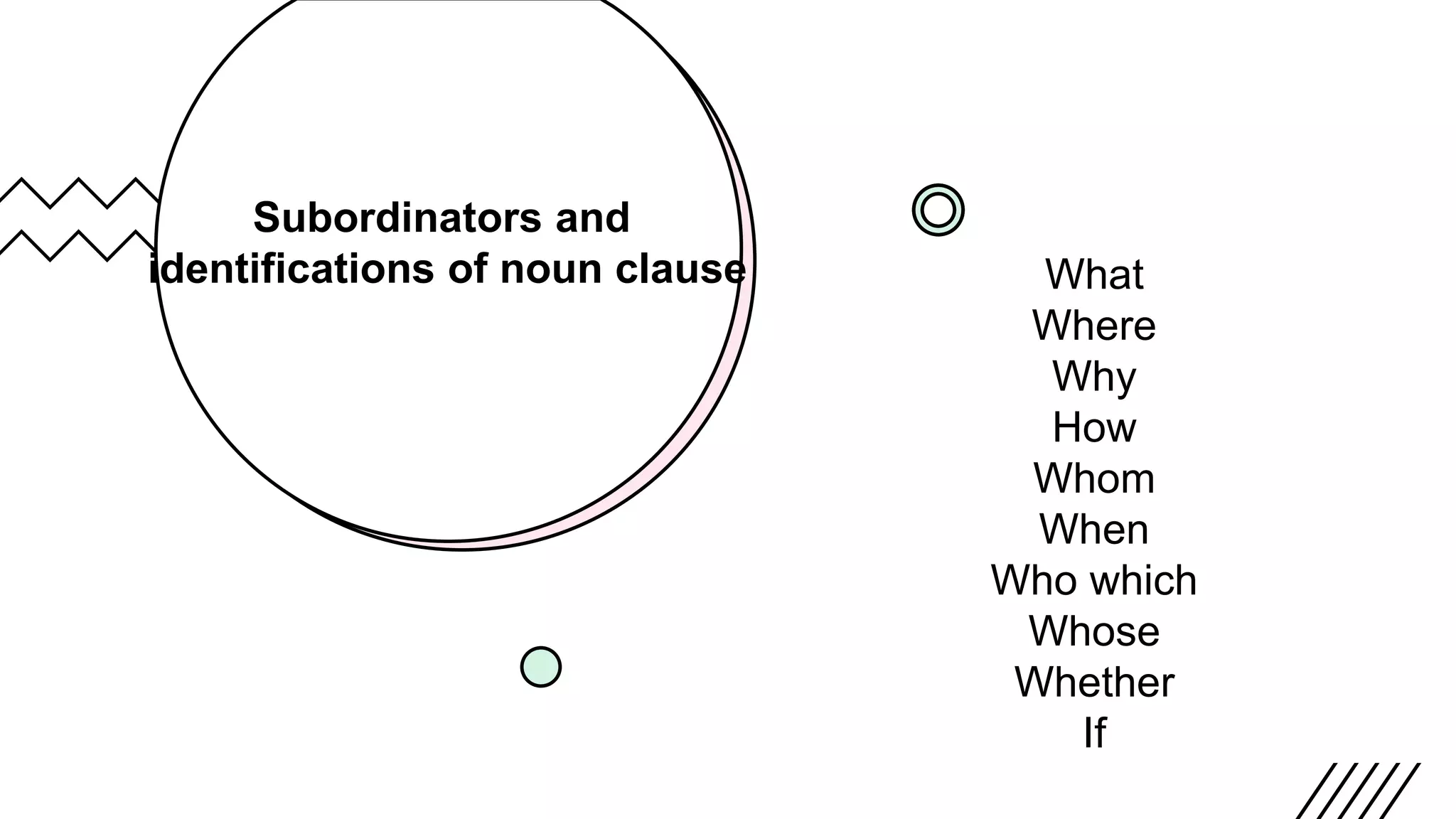 Subordinators and
identifications of noun clause What
Where
Why
How
Whom
When
Who which
Whose
Whether
If
 