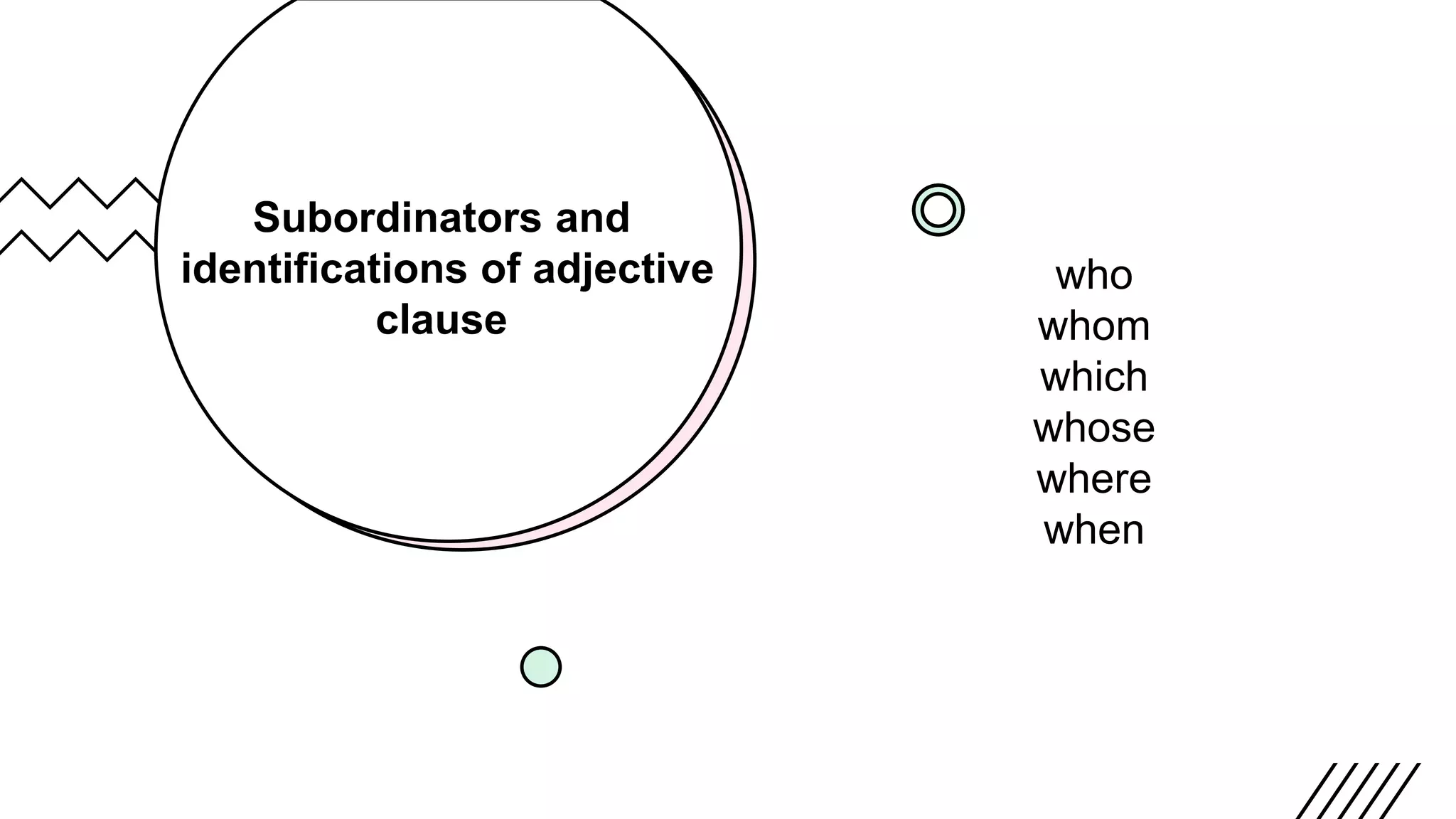 Subordinators and
identifications of adjective
clause
who
whom
which
whose
where
when
 