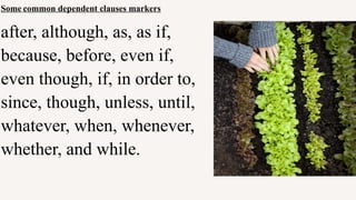 Some common dependent clauses markers
after, although, as, as if,
because, before, even if,
even though, if, in order to,
since, though, unless, until,
whatever, when, whenever,
whether, and while.
 