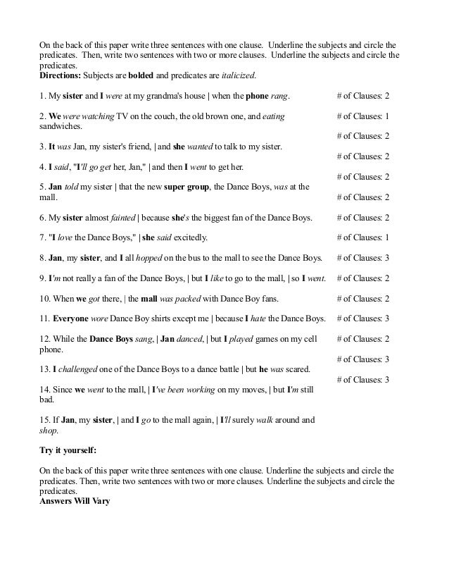 Printables Clauses Worksheet clauses worksheet try it yourself 2