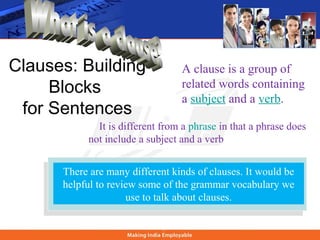 ©CapitalCommunityCollege
Clauses: Building
Blocks
for Sentences
A clause is a group of
related words containing
a subject and a verb.
It is different from a phrase in that a phrase does
not include a subject and a verb relationship.
There are many different kinds of clauses. It would be
helpful to review some of the grammar vocabulary we
use to talk about clauses.
.
 