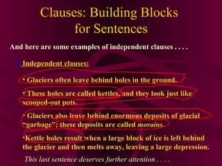 Clauses: Building Blocks
for Sentences
And here are some examples of independent clauses . . . .
1. Independent clauses:
• Glaciers often leave behind holes in the ground.
• These holes are called kettles, and they look just like
scooped-out pots.
• Glaciers also leave behind enormous deposits of glacial
“garbage”; these deposits are called morains.
•Kettle holes result when a large block of ice is left behind
the glacier and then melts away, leaving a large depression.
This last sentence deserves further attention . . . .

 