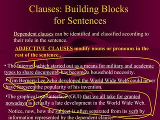 Clauses: Building Blocks
for Sentences
Dependent clauses can be identified and classified according to
their role in the sentence.
ADJECTIVE CLAUSES modify nouns or pronouns in the
rest of the sentence..
• The Internet, which started out as a means for military and academic
types to share documents, has become a household necessity.
• Tim Berners-Lee, who developed the World Wide Web, could never
have foreseen the popularity of his invention.
•The graphical user interface (GUI) that we all take for granted
nowadays is actually a late development in the World Wide Web.
Notice, now, how the subject is often separated from its verb by
information represented by the dependent clause.

 