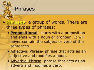 Phrases Phrases - a group of words. There are three types of phrases:  Prepositional - starts with a preposition and ends with a noun or pronoun. It will never contain the subject or verb of the sentences.  Adjectival Phrase - phrase that acts as an adjective and modifies a noun.  Adverbial Phrase - phrase that acts as an adverb and modifies a verb.  