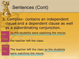 Sentences (Cont) 3. Complex- contains an independent clause and a dependent clause as well as a subordinating conjunction.  As  the students were watching the movie,   the teacher left the class.  The teacher left the class as the students were watching the movie.  Dep.  + Indep. S S V V Indep. +  Dep.  