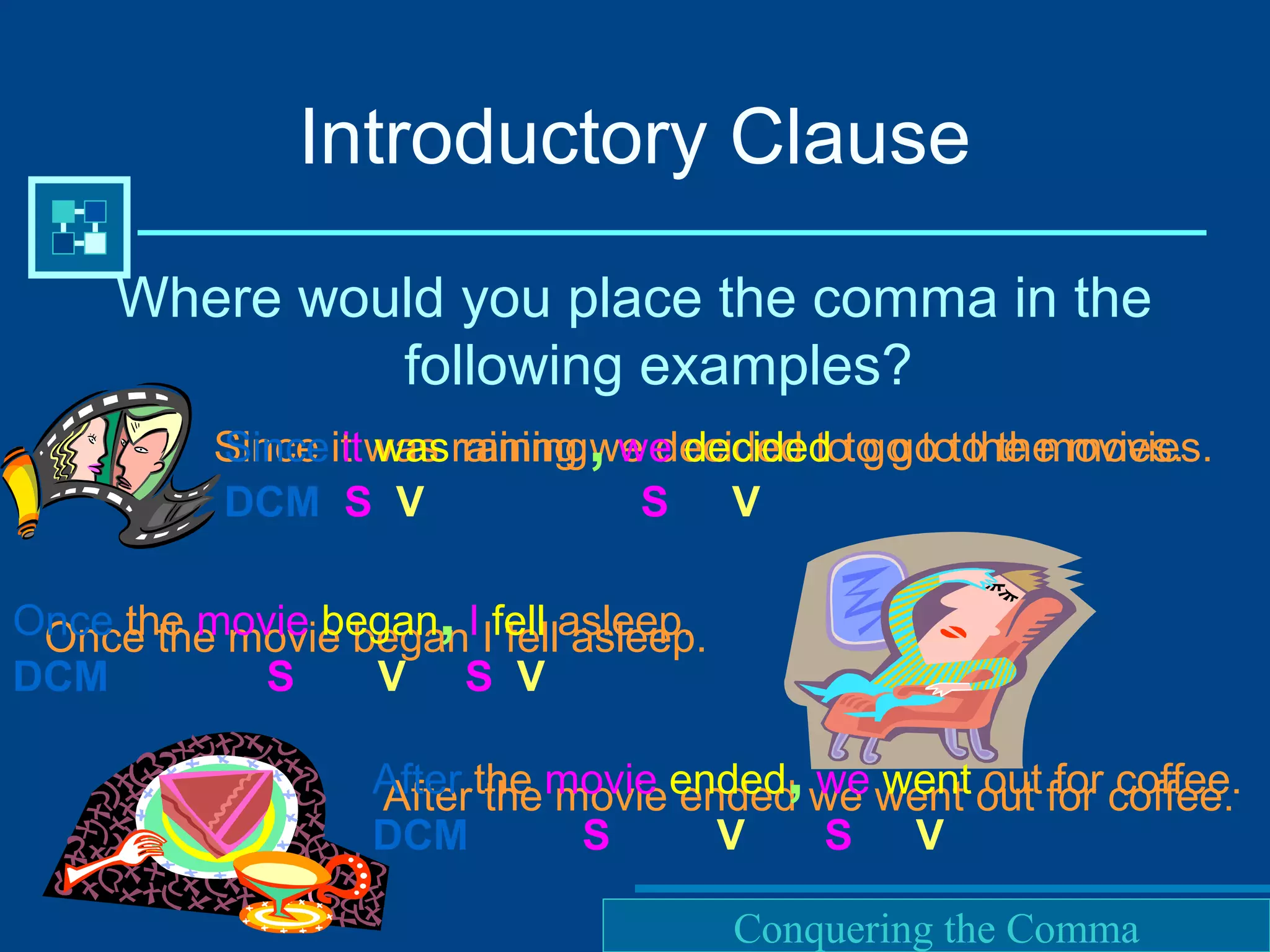 Purdue University Writing Lab
Introductory Clause
Where would you place the comma in the
following examples?
After the movie ended we went out for coffee.
Since it was raining we decided to go to the movies.
Once the movie began I fell asleep.
Since it was raining, we decided to go to the movies.
DCM S V S V
Once the movie began, I fell asleep.
DCM S V S V
After the movie ended, we went out for coffee.
DCM S V S V
Conquering the Comma
 