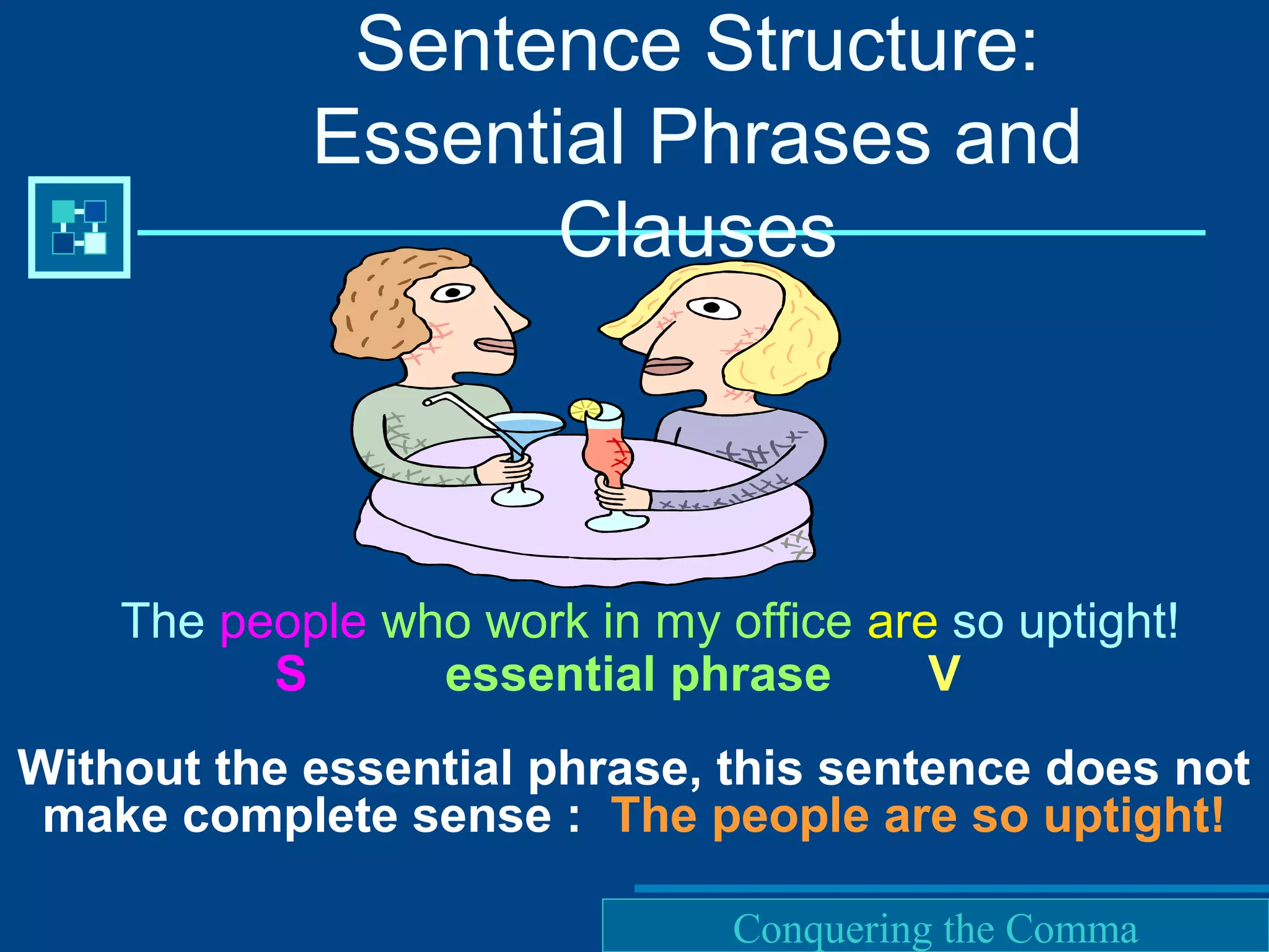 Purdue University Writing Lab
The people who work in my office are so uptight!
Sentence Structure:
Essential Phrases and
Clauses
S essential phrase V
Without the essential phrase, this sentence does not
make complete sense : The people are so uptight!
Conquering the Comma
 
