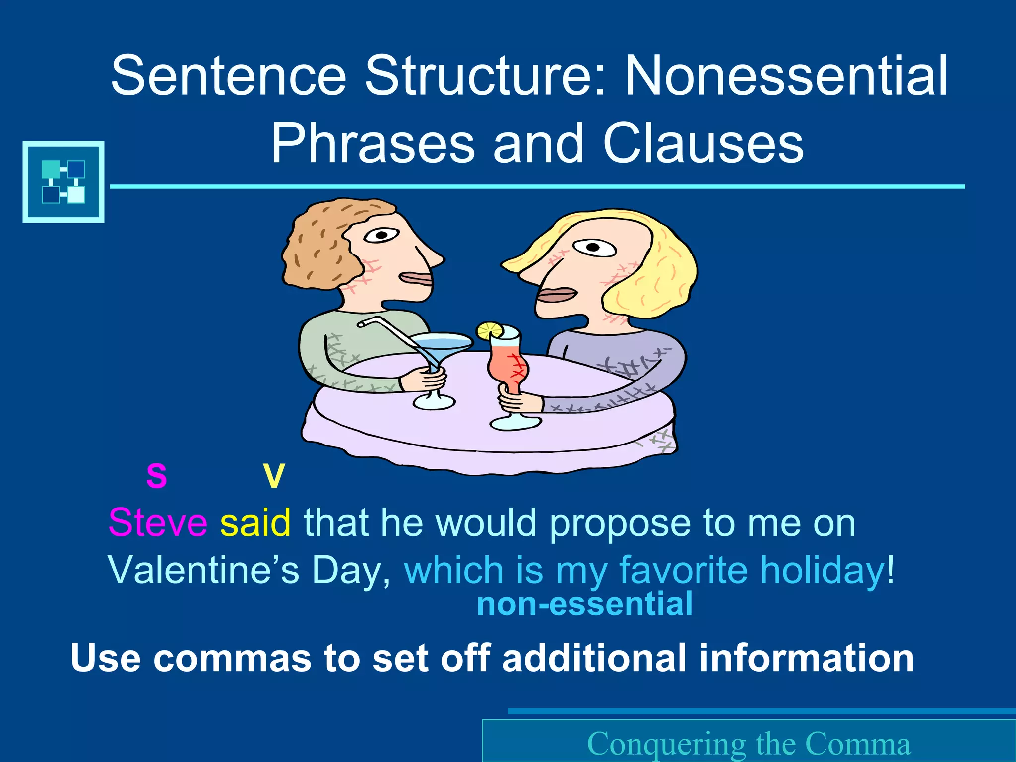 Purdue University Writing Lab
Steve said that he would propose to me on
Valentine’s Day, which is my favorite holiday!
S V
non-essential
Use commas to set off additional information
Sentence Structure: Nonessential
Phrases and Clauses
Conquering the Comma
 