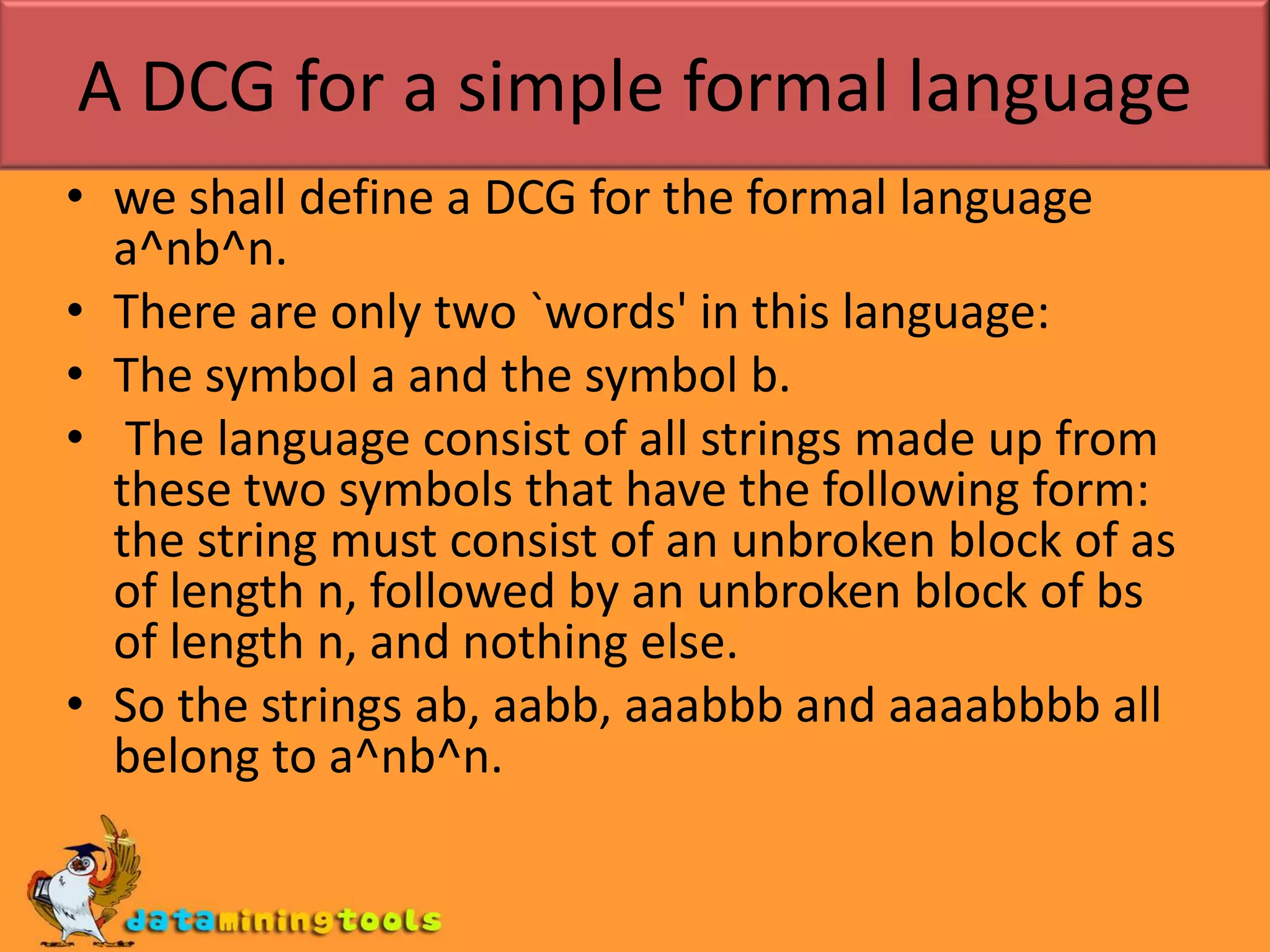 So, by just reordering clauses or goals, we won't solve the problem. The only possible solution is to introduce a new nonterminal symbol. We could for example use the category simple_s for sentences without embedded sentences. Our grammar would then look like this:s --> simple_s.s --> simple_s conj s.simple_s --> np,vp.np --> det,n.vp --> v,np.vp --> v.det --> [the].det --> [a].n --> [woman].n --> [man].v --> [shoots].conj --> [and].conj --> [or].conj --> [but].
