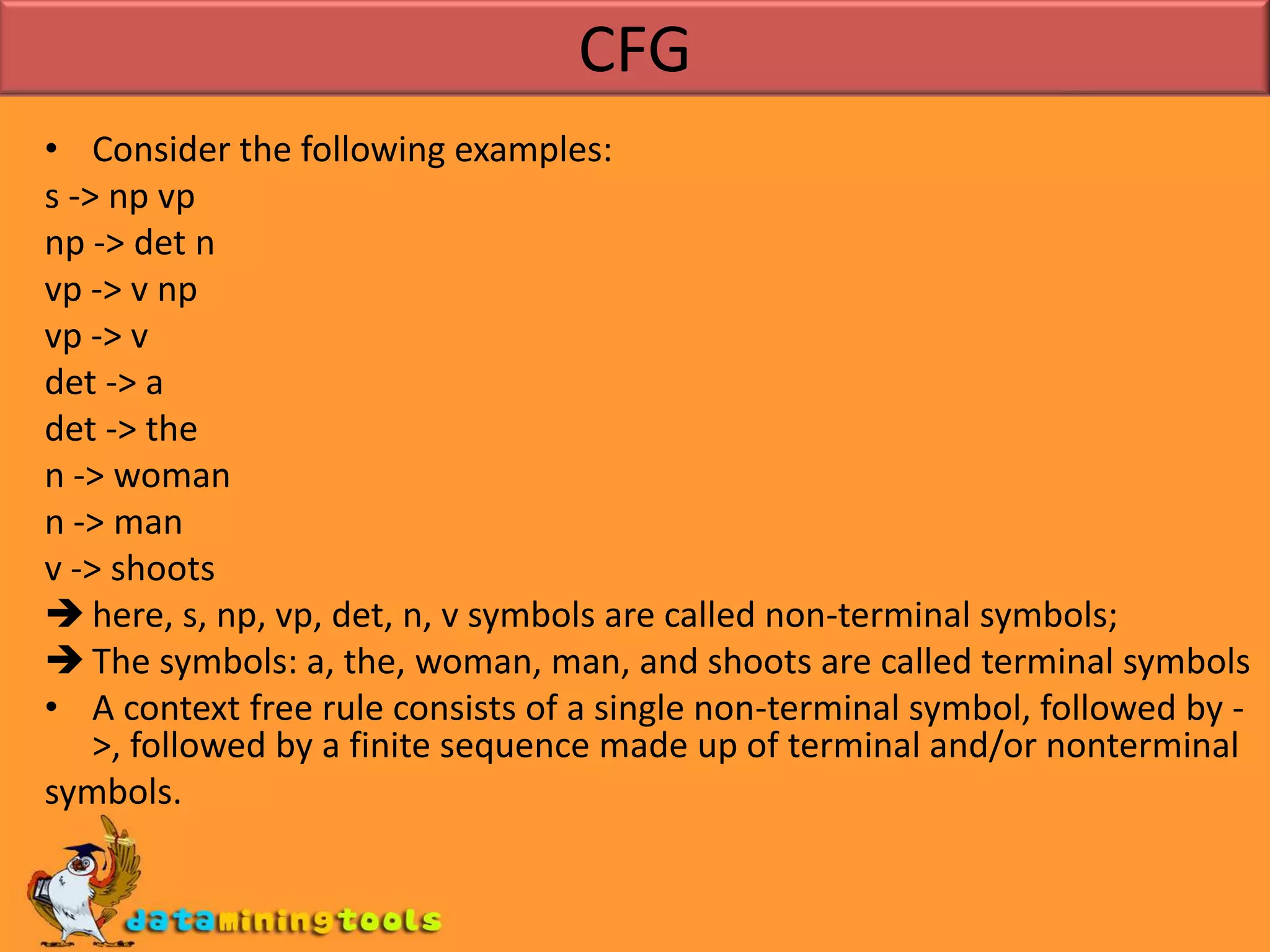 CFGConsider the following examples:s -> np vpnp -> det nvp -> v npvp -> vdet -> adet -> then -> womann -> manv -> shootshere, s, np, vp, det, n, v symbols are called non-terminal symbols;
