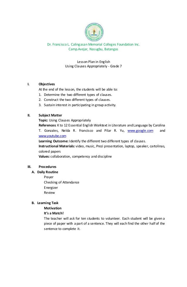 Semi Detailed Lesson Plan In ENGLISH Clauses