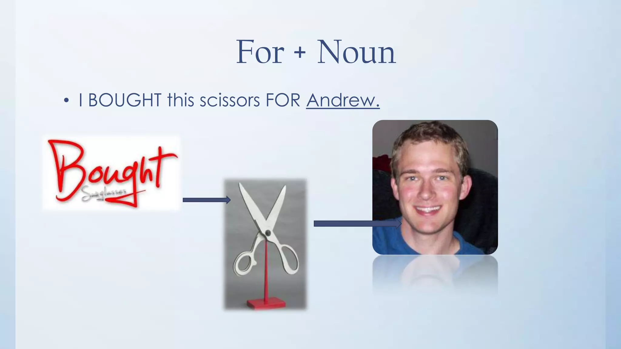 For + Noun
• I BOUGHT this scissors FOR Andrew.
 