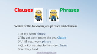 Which of the following are phrases and clauses?
1.In my room phrase
2.The cat went under the bed Clause
3.Until next week phrase
4.Quickly walking to the store phrase
5.Yet they tried
Clauses Phrases
nuliakadami@gmail.com
 
