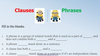 Fill in the blanks:
1. A phrase is a group of related words that is used as a part of ______ and
does not contain both a _______ and a _______.
2. A phrase ______ stand alone as a sentence
3. A clause has both a _______ and a _______.
4. A clause _______ stand alone as a sentence if it’s an independent clause.
Clauses Phrases
nuliakadami@gmail.com
 