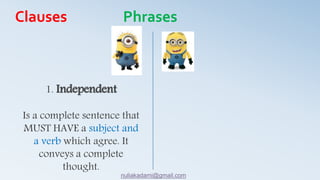 1. Independent
Is a complete sentence that
MUST HAVE a subject and
a verb which agree. It
conveys a complete
thought.
Clauses Phrases
nuliakadami@gmail.com
 