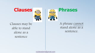 A phrase cannot
stand alone as a
sentence.
Clauses may be
able to stand
alone as a
sentence
Clauses Phrases
nuliakadami@gmail.com
 