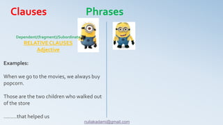 Examples:
When we go to the movies, we always buy
popcorn.
Those are the two children who walked out
of the store
………that helped us
Dependent/(fragment)/Subordinate
RELATIVE CLAUSES
Adjective
Clauses Phrases
nuliakadami@gmail.com
 