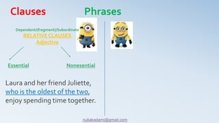 NonesentialEssential
Laura and her friend Juliette,
who is the oldest of the two,
enjoy spending time together.
Dependent/(fragment)/Subordinate
RELATIVE CLAUSES
Adjective
Clauses Phrases
nuliakadami@gmail.com
 
