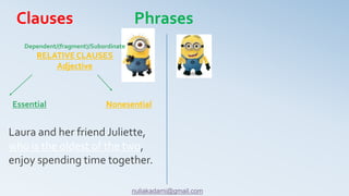 NonesentialEssential
Laura and her friend Juliette,
who is the oldest of the two,
enjoy spending time together.
Dependent/(fragment)/Subordinate
RELATIVE CLAUSES
Adjective
Clauses Phrases
nuliakadami@gmail.com
 