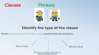 The kids who started out with the highest scores actually finished near the bottom.
Identify the type of the clause
Noun clause Adverb clause
Relative ( adjective) clause
Clauses Phrases
nuliakadami@gmail.com
 
