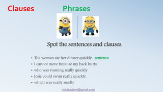Spot the sentences and clauses.
• The woman ate her dinner quickly. sentence
• I cannot move because my back hurts.
• who was running really quickly
• Josie could swim really quickly.
• which was really smelly
Clauses Phrases
nuliakadami@gmail.com
 