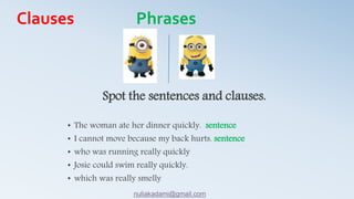 Spot the sentences and clauses.
• The woman ate her dinner quickly. sentence
• I cannot move because my back hurts. sentence
• who was running really quickly
• Josie could swim really quickly.
• which was really smelly
Clauses Phrases
nuliakadami@gmail.com
 