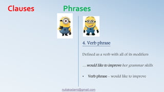 4. Verb phrase
Defined as a verb with all of its modifiers
…would like to improve her grammar skills.
• Verb phrase - would like to improve
Clauses Phrases
nuliakadami@gmail.com
 