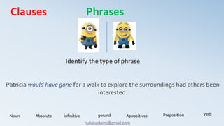 Noun VerbPrepositionAppositivesgerundinfinitiveAbsolute
Identify the type of phrase
Patricia would have gone for a walk to explore the surroundings had others been
interested.
Clauses Phrases
nuliakadami@gmail.com
 