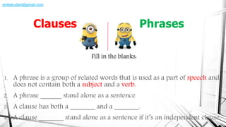 Fill in the blanks:
1. A phrase is a group of related words that is used as a part of speech and
does not contain both a subject and a verb.
2. A phrase ______ stand alone as a sentence
3. A clause has both a _______ and a _______.
4. A clause _______ stand alone as a sentence if it’s an independent clause.
Clauses Phrases
amliakudani@gmail.com
 