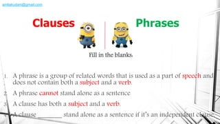 Fill in the blanks:
1. A phrase is a group of related words that is used as a part of speech and
does not contain both a subject and a verb.
2. A phrase cannot stand alone as a sentence
3. A clause has both a subject and a verb.
4. A clause _______ stand alone as a sentence if it’s an independent clause.
Clauses Phrases
amliakudani@gmail.com
 