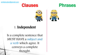 1. Independent
Is a complete sentence that
MUST HAVE a subject and
a verb which agree. It
conveys a complete
thought.
Clauses Phrases
amliakudani@gmail.com
 
