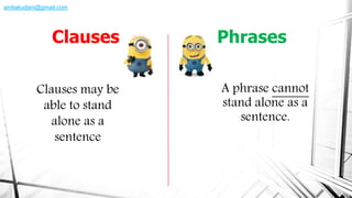 A phrase cannot
stand alone as a
sentence.
Clauses may be
able to stand
alone as a
sentence
Clauses Phrases
amliakudani@gmail.com
 