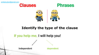 If you help me, I will help you!
Identify the type of the clause
Independent dependent
Clauses Phrases
amliakudani@gmail.com
 