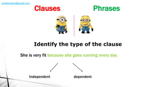 She is very fit because she goes running every day.
Identify the type of the clause
Independent dependent
Clauses Phrases
amliakudani@gmail.com
 