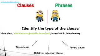 history test, which was supposed to be so hard, turned out to be quite easy.
Identify the type of the clause
Noun clause Adverb clause
Relative ( adjective) clause
Clauses Phrases
amliakudani@gmail.com
 