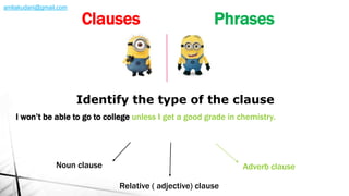 I won’t be able to go to college unless I get a good grade in chemistry.
Identify the type of the clause
Noun clause Adverb clause
Relative ( adjective) clause
Clauses Phrases
amliakudani@gmail.com
 