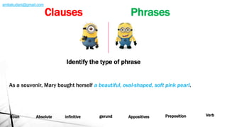 Noun VerbPrepositionAppositivesgerundinfinitiveAbsolute
Identify the type of phrase
As a souvenir, Mary bought herself a beautiful, oval-shaped, soft pink pearl.
Clauses Phrases
amliakudani@gmail.com
 