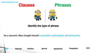 Noun VerbPrepositionAppositivesgerundinfinitiveAbsolute
Identify the type of phrase
As a souvenir, Mary bought herself a beautiful, oval-shaped, soft pink pearl.
Clauses Phrases
amliakudani@gmail.com
 