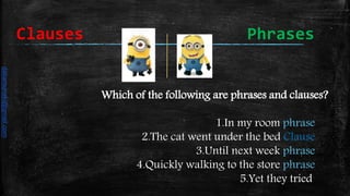 Which of the following are phrases and clauses?
1.In my room phrase
2.The cat went under the bed Clause
3.Until next week phrase
4.Quickly walking to the store phrase
5.Yet they tried
Clauses Phrases
daliamunaki@gmail.com
 