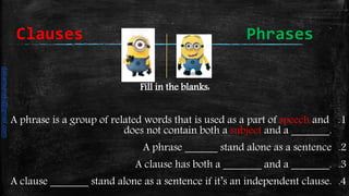 Fill in the blanks:
.1A phrase is a group of related words that is used as a part of speech and
does not contain both a subject and a _______.
.2A phrase ______ stand alone as a sentence
.3A clause has both a _______ and a _______.
.4A clause _______ stand alone as a sentence if it’s an independent clause.
Clauses Phrases
daliamunaki@gmail.com
 