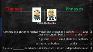 Fill in the blanks:
.1A phrase is a group of related words that is used as a part of speech and
does not contain both a subject and a verb.
.2A phrase cannot stand alone as a sentence
.3A clause has both a _______ and a _______.
.4A clause _______ stand alone as a sentence if it’s an independent clause.
Clauses Phrases
daliamunaki@gmail.com
 
