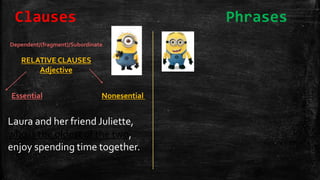 NonesentialEssential
Laura and her friend Juliette,
who is the oldest of the two,
enjoy spending time together.
Dependent/(fragment)/Subordinate
RELATIVE CLAUSES
Adjective
Clauses Phrases
 