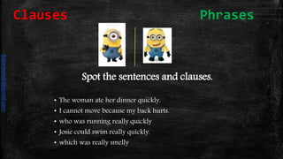 Spot the sentences and clauses.
• The woman ate her dinner quickly.
• I cannot move because my back hurts.
• who was running really quickly
• Josie could swim really quickly.
• which was really smelly
Clauses Phrases
daliamunaki@gmail.com
 