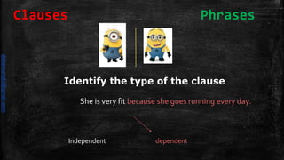 She is very fit because she goes running every day.
Identify the type of the clause
Independent dependent
Clauses Phrases
daliamunaki@gmail.com
 