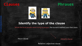 While the local people were trying to escape, the tsunami washed over their town.
Identify the type of the clause
Noun clause Adverb clause
Relative ( adjective) clause
Clauses Phrases
daliamunaki@gmail.com
 
