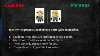 Identify the prepositional phrase & the word it modifies.
1. Students in my class are intelligent, lovely people.
2. My cat with the blue eyes is named Baby.
3. There was only enough room for you.
4. The pants with big pockets look weird.
Clauses Phrases
daliamunaki@gmail.com
 